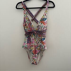 Trina Turk Multicolor Geometric Deep V-Neck Cross Back Sleeveless Swimsuit 10